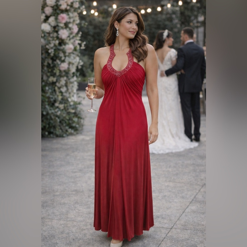 Xscape Red Beaded Halter Formal Gown